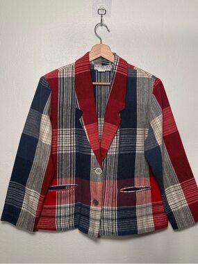 Bedford Fair Vintage Americana Red, White, & Blue Plaid Cotton Blazer Size 14P